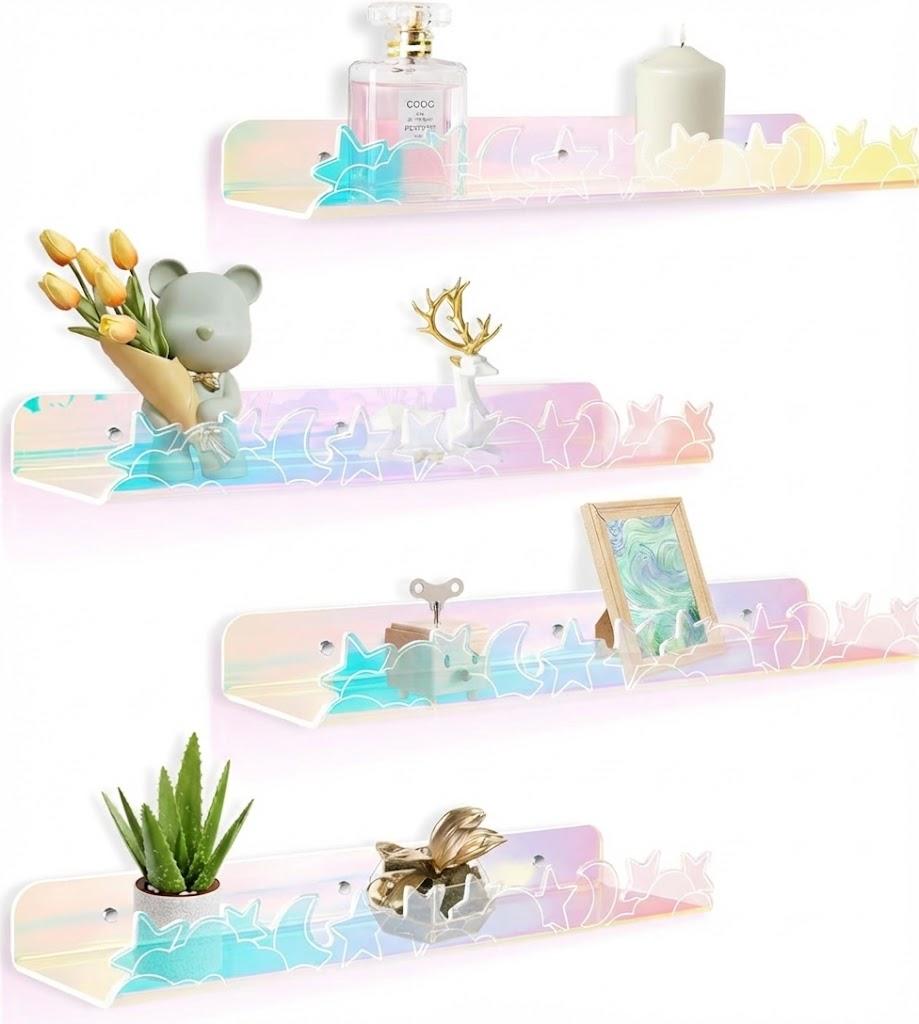 Floating Shelves for Wall,4 Pack 15.7x 3.5Adhesive Acrylic Shelves Organizer for Book Toy Photo Makeup,Wall-Mounted Kids Storage for Bathroom,Bedroom,Nursery, Iridescent Star And Moon