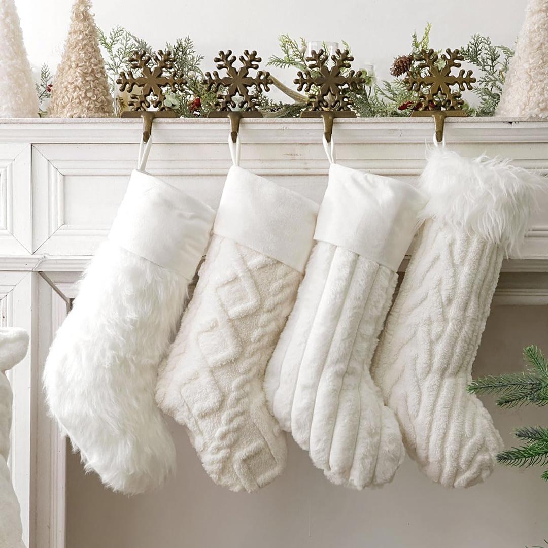 Rustic Personalized Christmas Stockings, 4 Pcs 18 Inch Luxury Snow White Ivory White Thick Plush Faux Fur Stocking with 4 Styles Textured Patterns, Christmas Home Decor Farmhouse Xmas Decorations