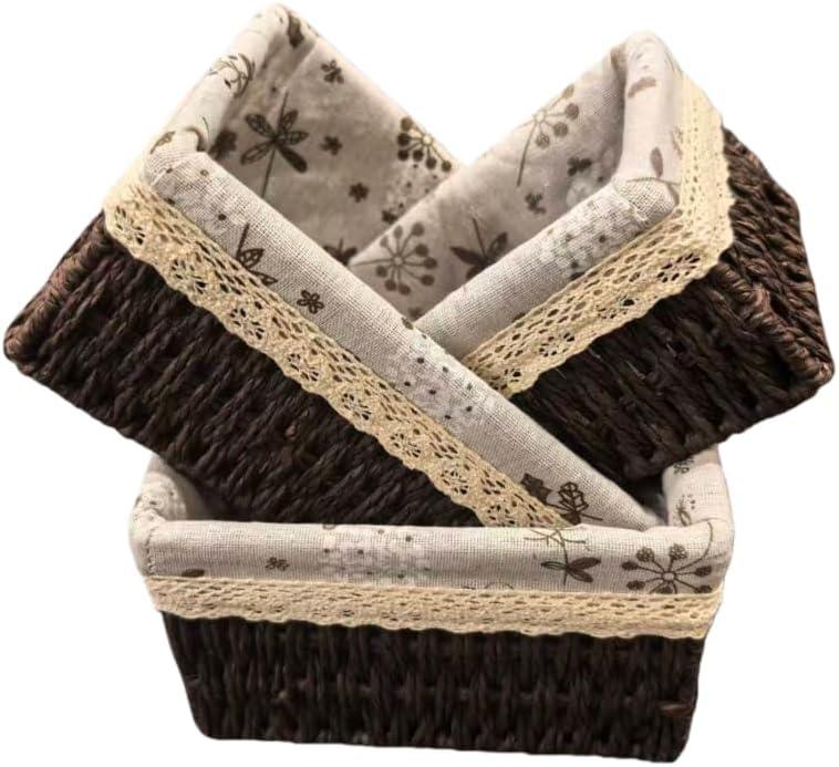 Wicker Woven Baskets With Liner, 3Packs Small Square Decorative Shelf Basket For Home Storage And Organizing (coffee)