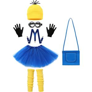 7Pcs Girls Yellow Costume Accessories Set Kids Halloween Cosplay Outfit with Beanie Goggles Gloves Suspenders Tutu Skirt Socks Crossbody Bag