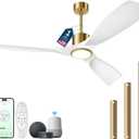 52" White and Gold Ceiling Fan with Lights,Smart Ceiling Fan Work with Alexa/Gg/App/Remote,3-Color Light Dimmable 6-Speed Quiet Reversible DC Motor for Patio Porch Bedroom