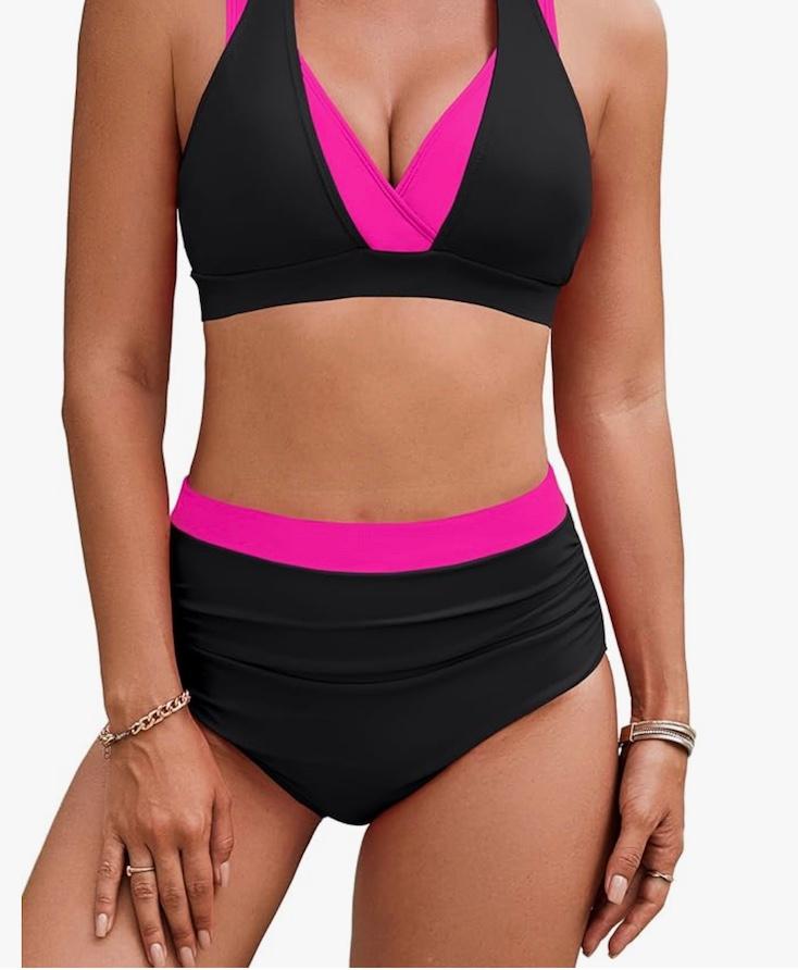 BMJL Women's High Waisted Bikini Sets Tummy Control Swimsuits Two Piece Color Block Modest Bathing Suit, Medium