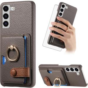Asuwish Phone Case for Samsung Galaxy S22 5G Wallet Cover with Tempered Glass Screen Protector and Thin Slim Ring Stand Credit Card Holder Leather Cell Accessories S 22 22S 4G G5 6.1 inch Gray