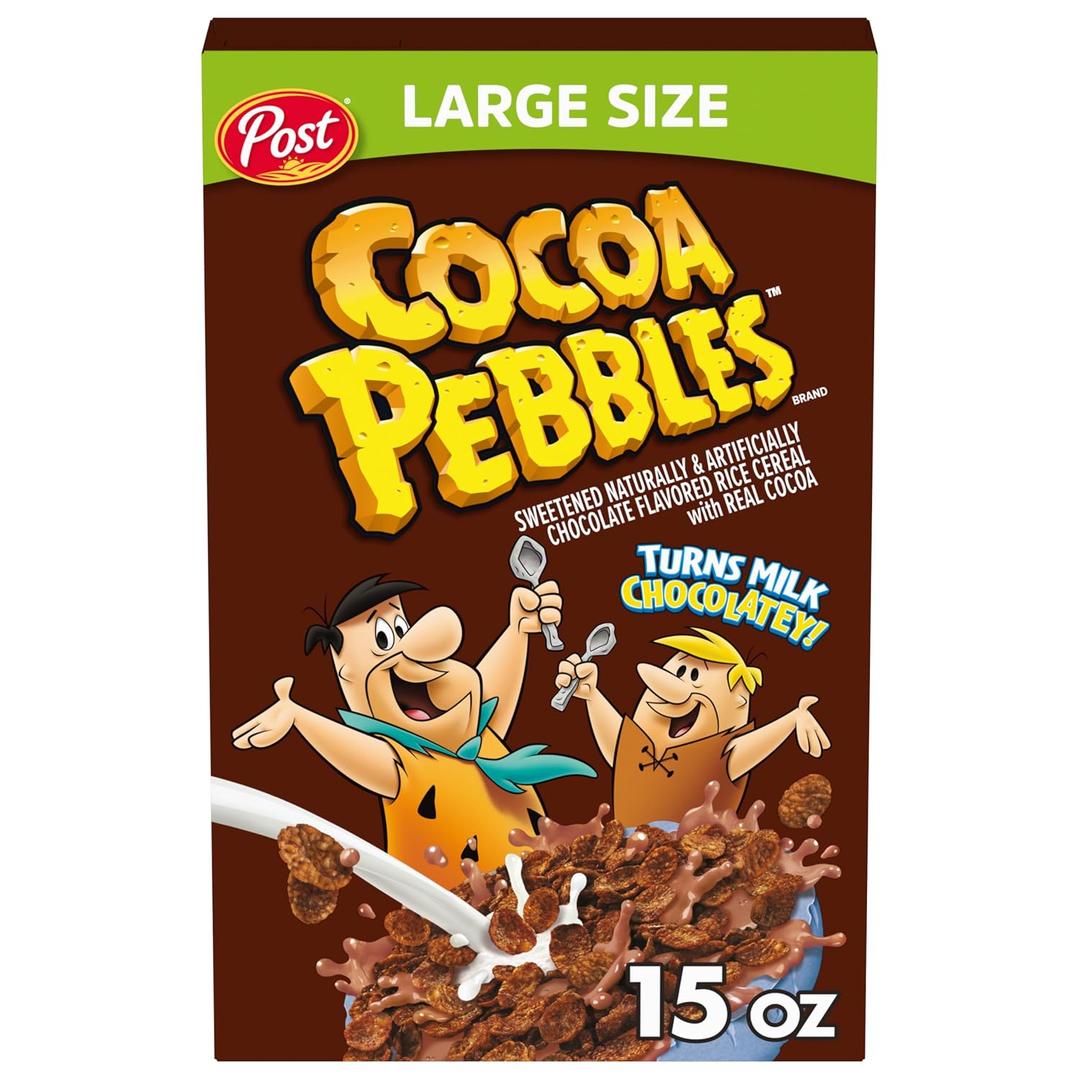 Cocoa Pebbles, Chocolatey Kids Cereal Sweetened Rice Crunch, Large Size, 15 Ounce (EXP 01/01/26)