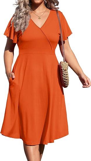 Women's Plus Size V Neck Dress Short Ruffle Sleeve Casual Summer Waistline Tunic Midi Dress with Pockets, SIZE L