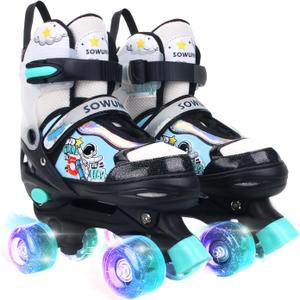 Sowume Adjustable Roller Skates for Girls and Women, All 8 Wheels of Girl's Skates Shine, Safe and Fun Illuminating for Kids (Large-(3-6 US), E-Green)