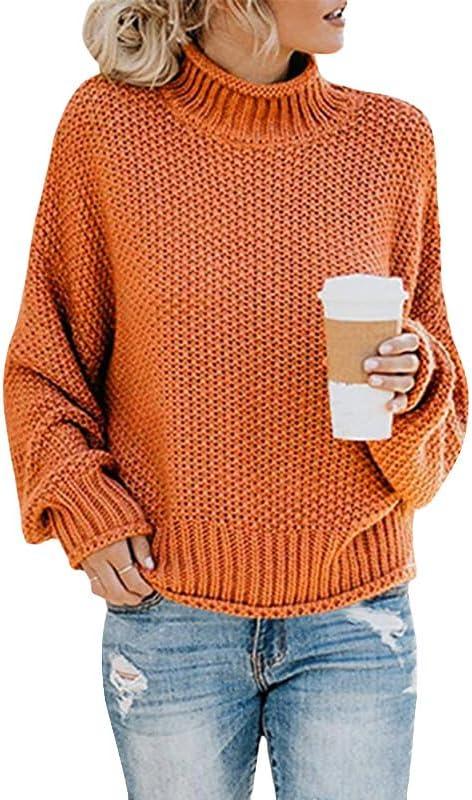 Women Chunky Knit Mock Neck Sweaters Batwing Sleeve Loose Fit Winter Heavyweight Thick Yarn Pullover Sweater (Medium, 8-orange)