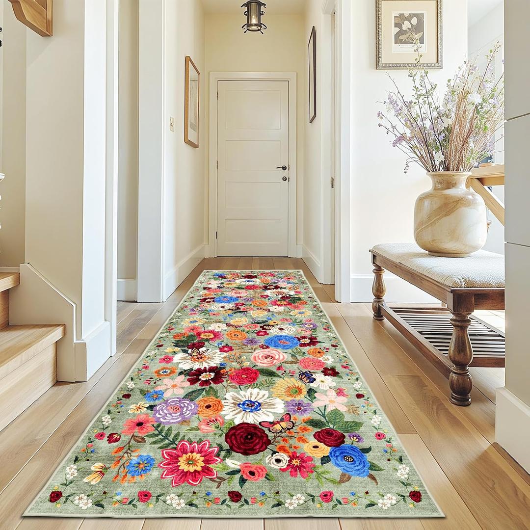 Rug for Hallways Kitchen Rug 3x7, Non Slip Washable Rugs with Rubber Backing Soft Floral Carpet Runner for Hallways, Kitchen, Laundry, Bedroom, Bathroom(3 x 7, Green Garden)