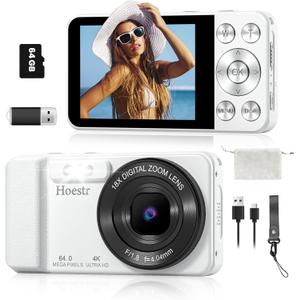 64MP 4K Digital Camera, Hoestr 18X Zoom Autofocus Point and Shoot Compact Camera with 64GB TF Card, Flash, 2.8" LCD Screen for Teens Adult Beginner Travel Photography Vlogging, White