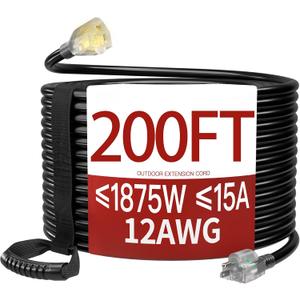 Skrizcable 200 FT 12 Gauge Heavy Duty Extension Cord Outdoor, Black