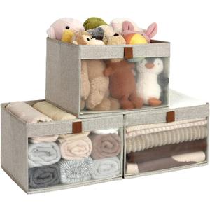 StorageWorks Closet Storage Bins, Extra Large Storage Baskets with Clear Window and Handles, Foldable Fabric Organizer for Clothes, Shelves, Brown and Beige, 3 Pack