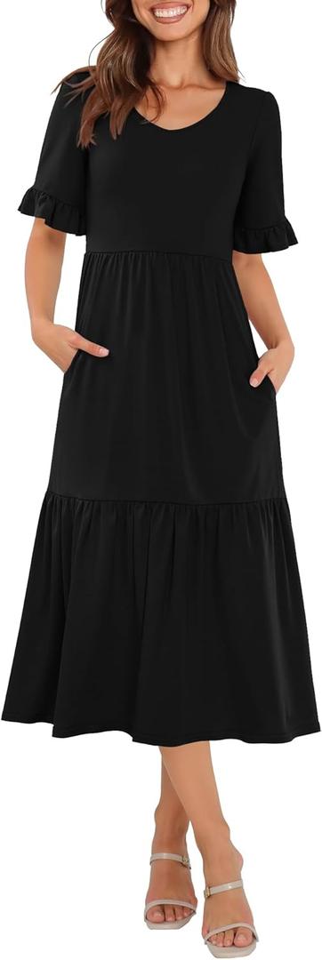 Womens Casual Summer Dress Casual Ruffle Short Sleeve V Neck A Line Flowy Tiered Beach Maxi Dresses with Pockets XX-Large
