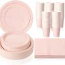Tioncy 200 Pcs Disposable Paper Plates Cups and Napkins Party Supplies Serve Guests Disposable Paper Dinnerware Set for Christmas Birthday Wedding Baby Shower Family Picnic(Pastel Pink)