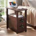 HDDDZSW Farmhouse XXL End Table with Charging Station, Narrow Side Table with USB Ports and Outlets, Nightstand with 2 Drawers Storage, Bedside Tables for Living Room, Bedroom, Rustic Cherry, 24.8 X 23.6 X 13.78 Inches