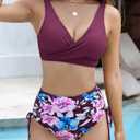 Women's High Waisted Bikini Sets V Neck Twist Front Ruched Bathing Suit Padded Lace Up Back Two Piece Swimsuit (L)