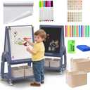 Art Easel for Kids 2-4 with Wheels, Whiteboard, Chalkboard & Paper Roll Adjustable Height 3-in-1 Toddler Easel for 2-4 Year Old Painting Easel for Kids with Storage & Accessories, Blue, 34.6 inches