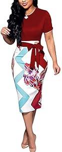 Nhicdns Women's Bodycon Dresses Midi Work Pencil Dress Tea Party Floral Print Dress Church Cocktail Dresses with Belt (XX-Large)