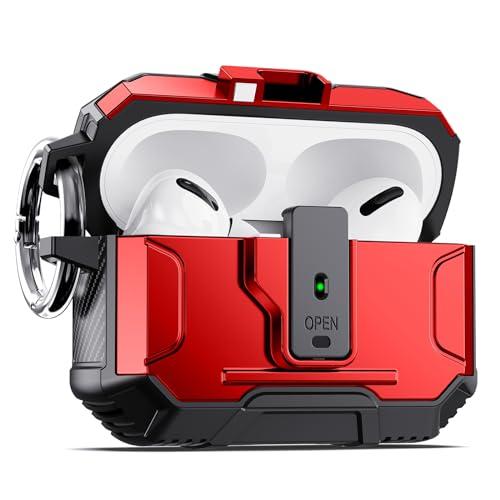 DASFOND Armor Earphone Cover Case for Airpods Pro 2, Military Grade Full Body Shockproof Protection Hard Case, Support Wireless Charging with Keychain, Magnetic Lid, Front LED Visible, Red