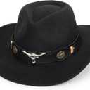 Women & Men Felt Western Cowboy Hat Classic Roll Up Brim Belt Buckle Cowgirl Fedora (M) (Black)