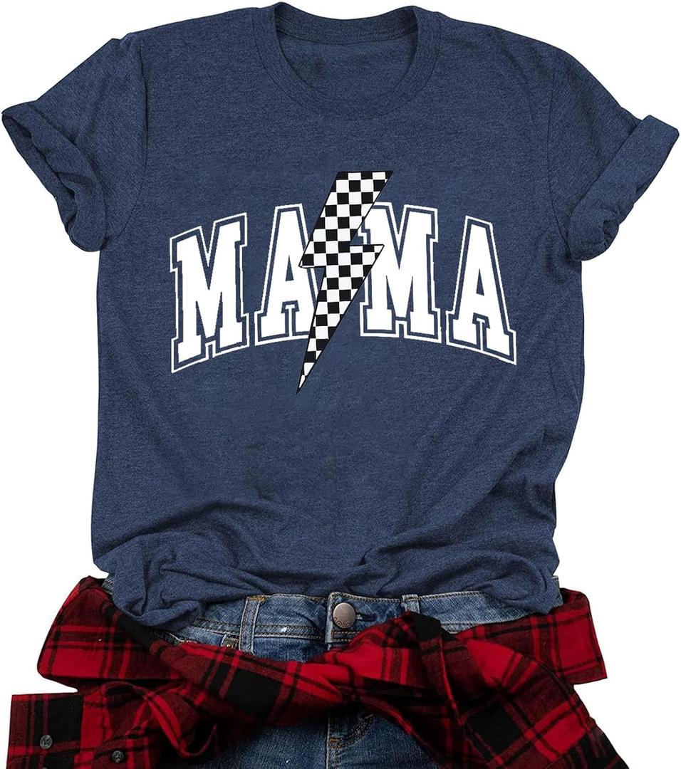 Funny Mama Bow Shirts for Women Checkered Mom T-Shirt Momma Graphic Short Sleeve Tee Top (Blue, XL)