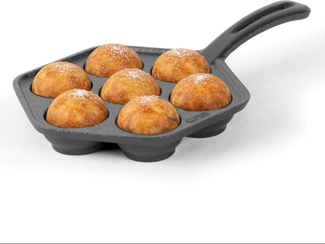 Commercial CHEF Danish Aebleskiver Pan, PreSeasoned Cast Iron, Seven Sections For Mini Puffs and Pancake Balls, Works on All Cooktops Including Induction, Outdoor Cookware for Grills, CHCI4105