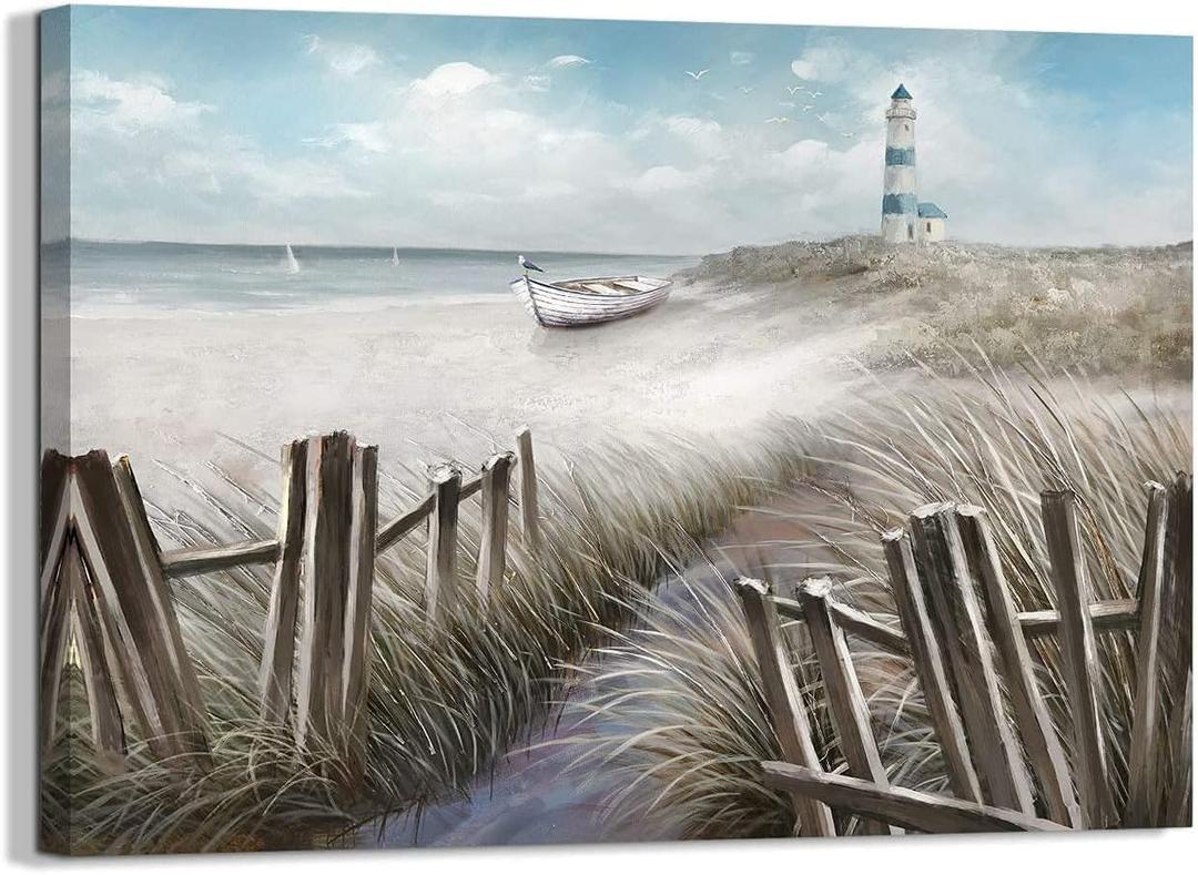 LAIART Canvas Wall Art Ocean Seascape Blue Painting Prints Modern Lighthouse Pictures Framed for Bedroom Bathroom Living Room Home Office Decor(11"x15") (beach1)