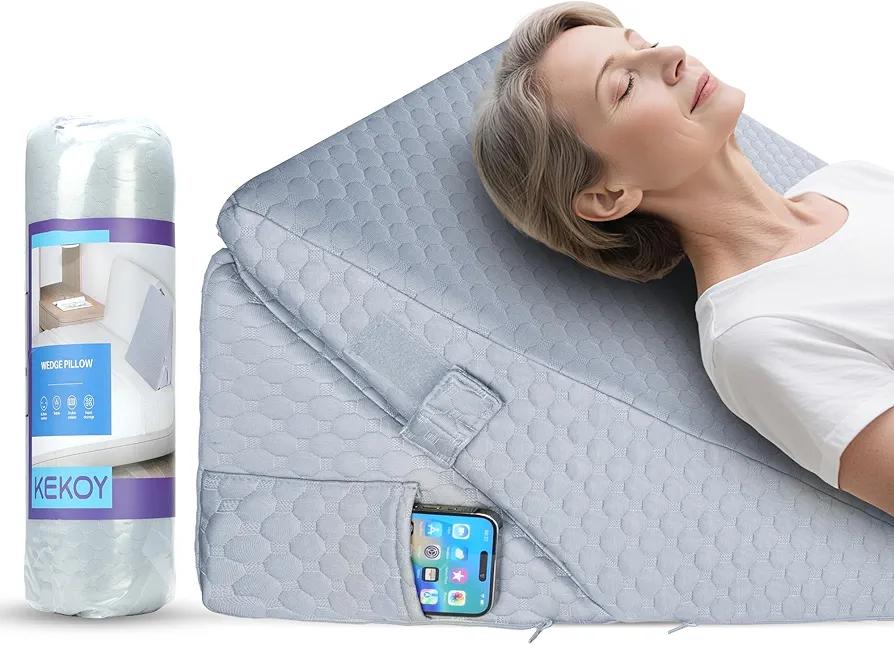 Kekoy Adjustable 9 & 12 Inch Wedge Pillow for Sleeping Apnea, Acid Reflux Relief, Back Pain, Snoring & Post Surgery Recovery, Memory Foam Bed Wedge Pillow with Removable Washable Cover & Handle-Grey