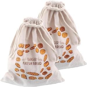 2 Pieces Linen Toast Bag Reusable French Baguette Biscuit Bag Cotton Drawstring Bag for Homemade Bread Container（Letter Bread）