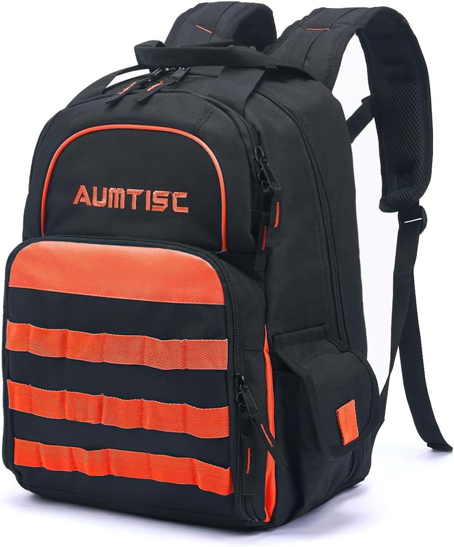 AUMTISC Tool Bag Backpack for Men, Heavy-Duty Tools Storage Organizer Work Bags Backpack for Construction Jobsite, Electrician, Industrial, Repairman, and HVAC Techs, Orange