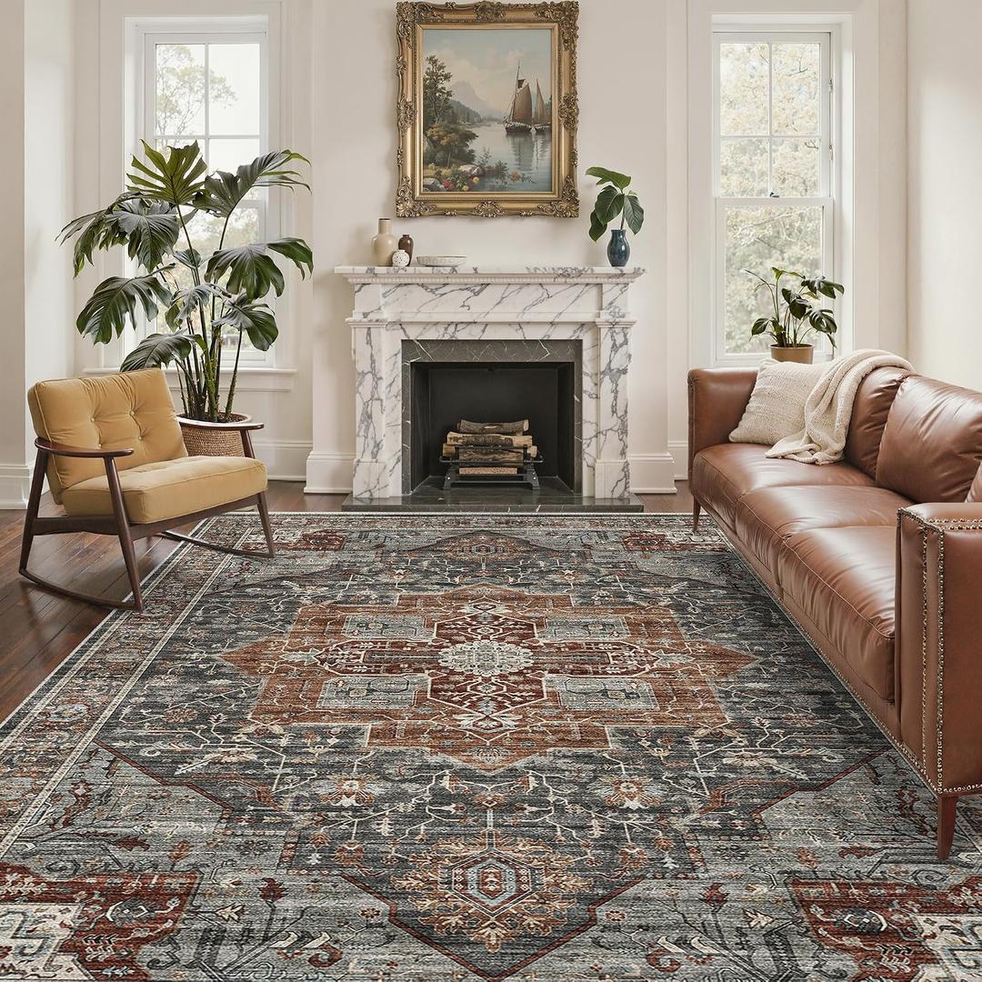 Roxstand 6x9 Rug, Stain Resistant Washable Area Rugs with Anti-Slip Backing, Vintage Large Bedroom, Living Room Rugs, Foldable Soft Rug (Grey/Brown/Tan, 6'x9')