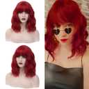 14" Short Dark Red Curly Wig For Women Girls Heat Resistant Fiber Wigs Halloween Cosplay Daily Party+Cap (Dark Red)