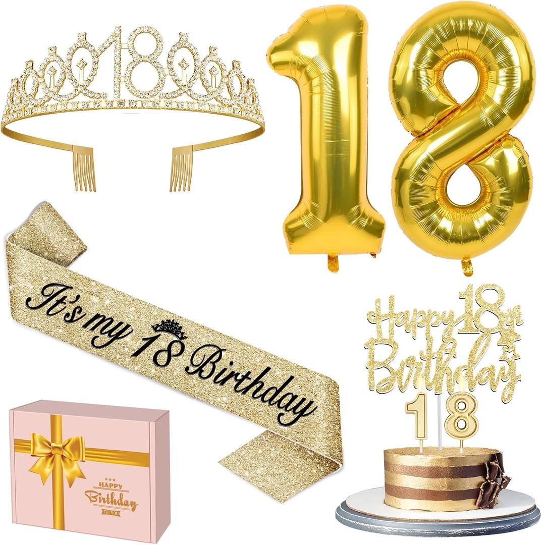 18th Birthday Decorations for Girls Gold with 18th Birthday Tiara and Sash, Cake Topper andCandles, Number Balloons, 18 Year Old Gifts for Girls