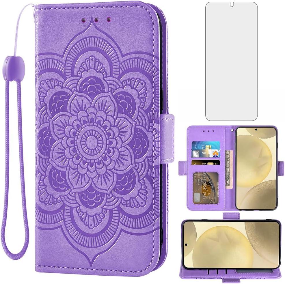 Asuwish Phone Case for Samsung Galaxy S24 5G Wallet Cover with Tempered Glass Screen Protector and Leather Flip Credit Card Holder Stand Wrist Strap Cell Accessories S 24 24S GS24 G5 Women Men Purple