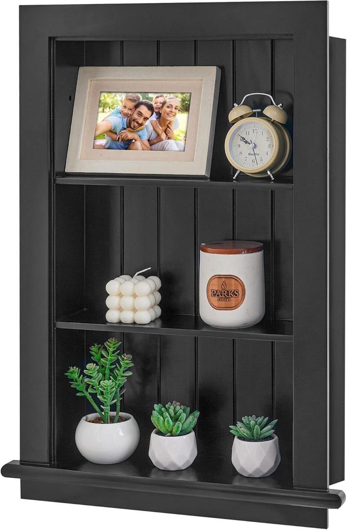 Recessed Medicine Cabinet, Wall Niche, In Shelves, Shelf Insert, 14"W x 24"H ID, 17"W x 27"H OD, 3 Tier, Black, Wood, Shallow Drywall Cabinets, Between Studs Shelving, Open Bathroom Cubby | Houseables