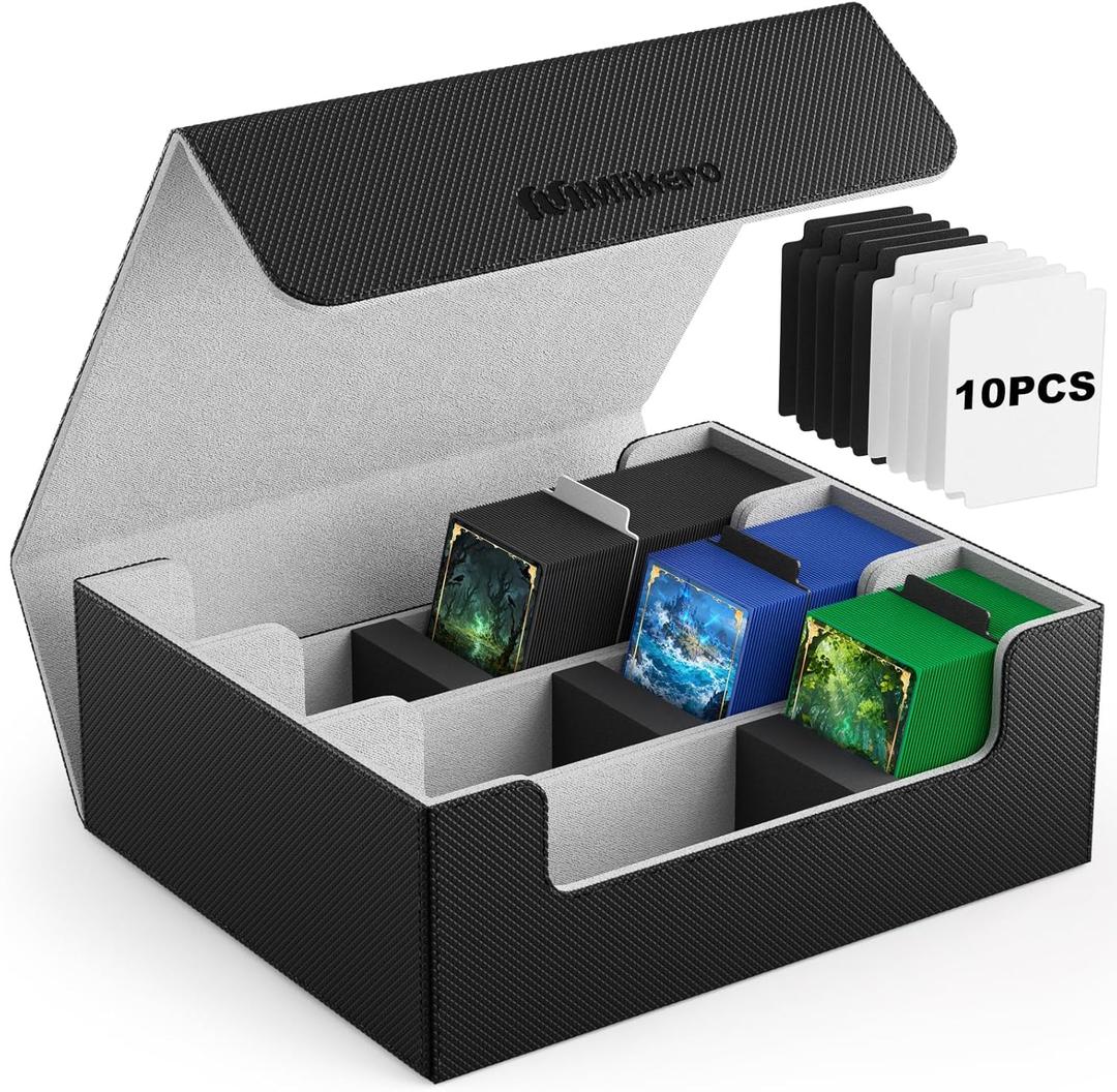 Mlikero Card Deck Case for Trading Cards 1800+, Trading Card Storage Box with 10 Dividers and 3 Foam Stoppers, Leather Magnetic Closure Commander Deck Box Fit for YuGiOh, MTG and Sport Cards (3 Rows-Black)