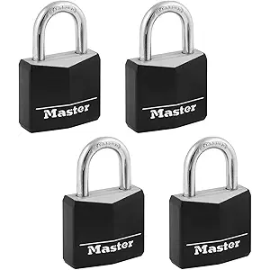 4 PACK Master Lock Black Outdoor Key Lock, Standard Weather Resistant Padlock with Cover, Keyed Alike Padlocks for Lockers, Fences, Sheds, or Other Equipment, 4 Pieces, 131Q