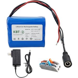 KBT 12V 2400mAh Rechargeable Li-ion Battery, Bare Leads Wire Replacement Battery Pack with Charger Compatible with 12V Devices RC Car, Boat, Robot, DIY, LED Light Strip, CCTV Camera