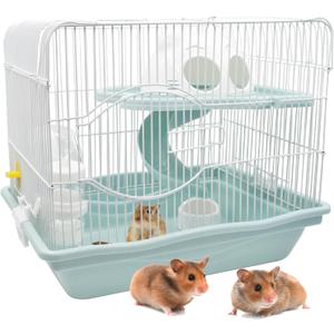 2-Tier Portable Hamster Cage and Habitats,Travel Metal Mouse Cages with Free Water Bottle,Houses and Exercise Wheel for Any Breed of Hamster and Small Animal (14.6x11.0x11.8inch Light Blue)