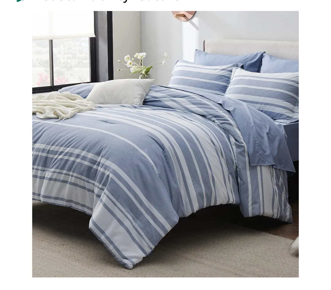 Bedsure Full Comforter Set 7 Pieces, Blue Striped Bedding Set for All Seasons, Reversible, Cationic Dyeing Bed in a Bag with Comforter, Sheets, Pillowcases & Shams, Full Size