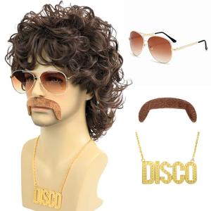 Bettecos 70s Disco Wigs for Men - Brown Curly 80s Mullet Wig for Halloween Costume Party Male Afro Funny Wigs with Glasses Necklace and Mustache (Brown)