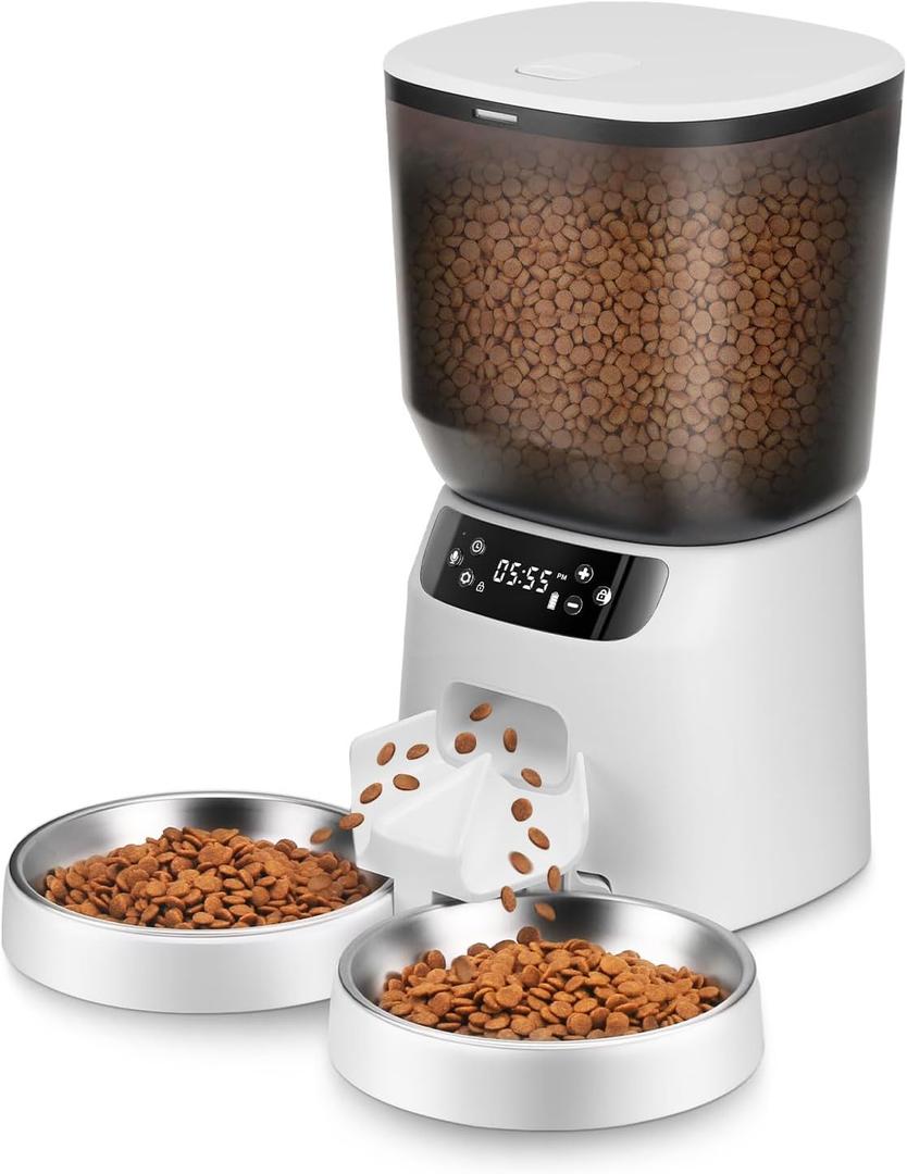 Automatic Cat Feeders for Two Cats, 5L/20 Cups Double Automatic Cat Food Dispenser with 2 Stainless Bowls, Timer Setting 20 Portions 6 Meals Per Day, 10s Meal Call, Pet Feeder for Dog (Black, 5L)