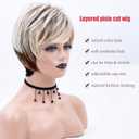 RENERSHOW Short Wigs for White Women Layered Brown Ombre Blonde Pixie Wig Synthetic Short Hair Wig with Bangs Mix Color Natural Looking Daily Party