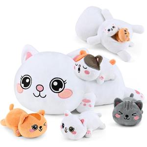 KMUYSL Cat Stuffed Animals Toys for Ages 0 1 2 3 4 5 6 7 8+ Years Old Kids - Mommy Cat with 4 Baby Kitty in Her Tummy, Idea Xmas Birthday Gifts for Baby, Toddler, Girls, Boys