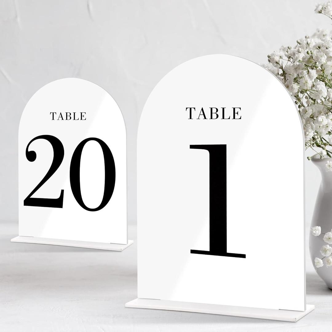 White Arch Wedding Table Numbers with Double Sided Lettering 1-20, Acrylic Signs with Stands, Perfect for Weddings, Events, Parties, Ceremonies