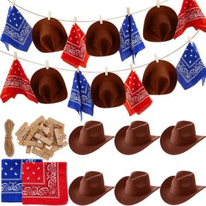 Leinuosen 53 Pcs Western Cowboy Party Decorations Cowboy Hats with Paisley Bandanas Clips Rope DIY Western Party Banner for Adults Birthday Home Farmhouse Country Theme Supplies Decor