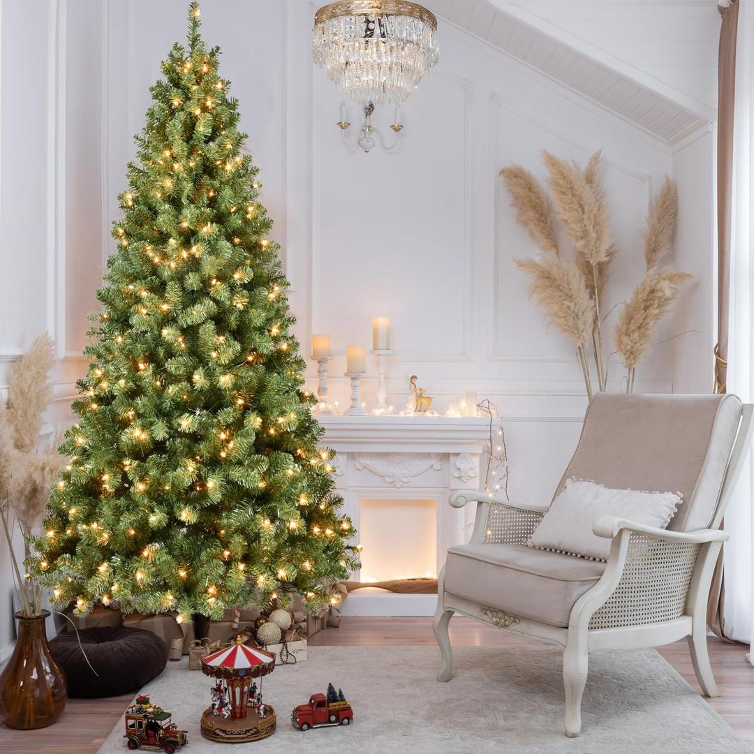 7FT Prelit Christmas Tree, Premium Artificial Christmas Tree with 400 Lights and 1072 Branch Tips, Memory Wire Pre Lit Hinged Xmas Tree with Metal Base for Home, Holiday, Party Decoration