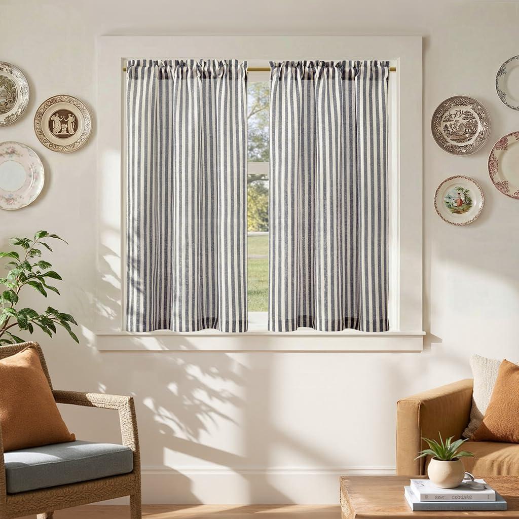 Jinchan Striped Linen Kitchen Curtains 45 Inches Tier Curtains Farmhouse Modern Cafe Style Small Window Treatments Airy Light Filtering Rod Pocket for Living Room Bathroom 2 Panels Charcoal Grey