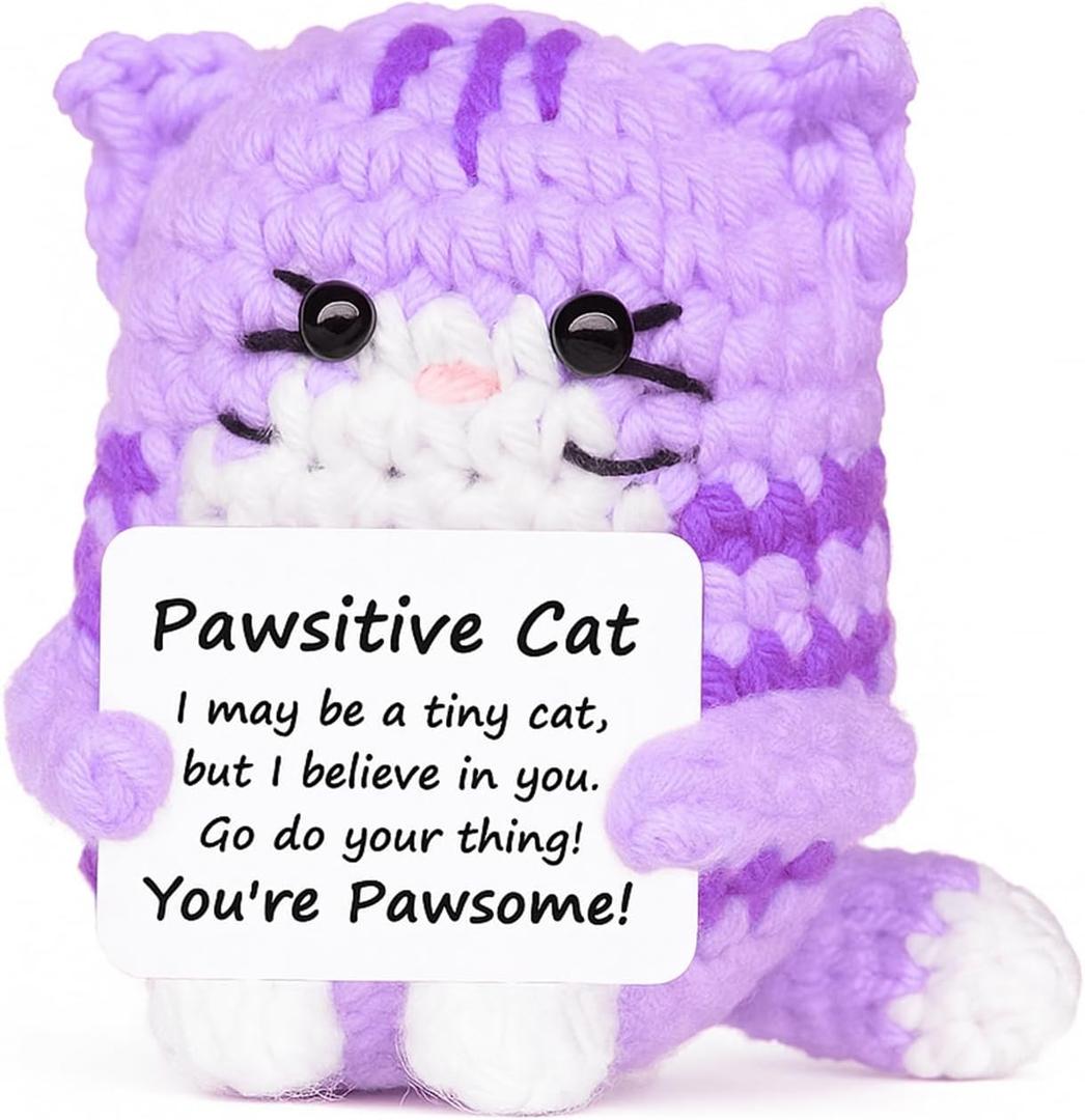 Positive Crochet Cat Mini Animal Emotional Cheer Up Support Gifts, Inspirational Crochet Handmade Kitten for Women Men Friends Mom Daughter Son Teen Birthday Mothers Day Decor Graduation Gift (Purple)