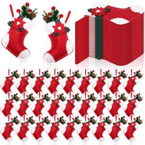 Geyoga 48 Pcs Red and White Mini Christmas Stockings Bulk 5 Inches Poinsettia Mini Gift Stockings Fireplace Hanging Stocks Small Felt Elf Christmas Stocks Ornaments Decor for Xmas Tree Fireplace