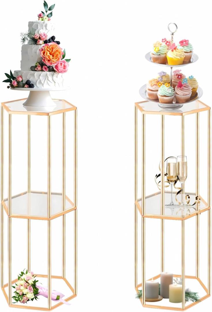 2PCS 2 Tier Hexagon Gold Cake Stand for Party, Tall Metal Pedestal Stands for Display Decoration, Flower, Plant, Birthday, Wedding, Baby Shower, Bridal Shower, Cylinder Column for Desserts
